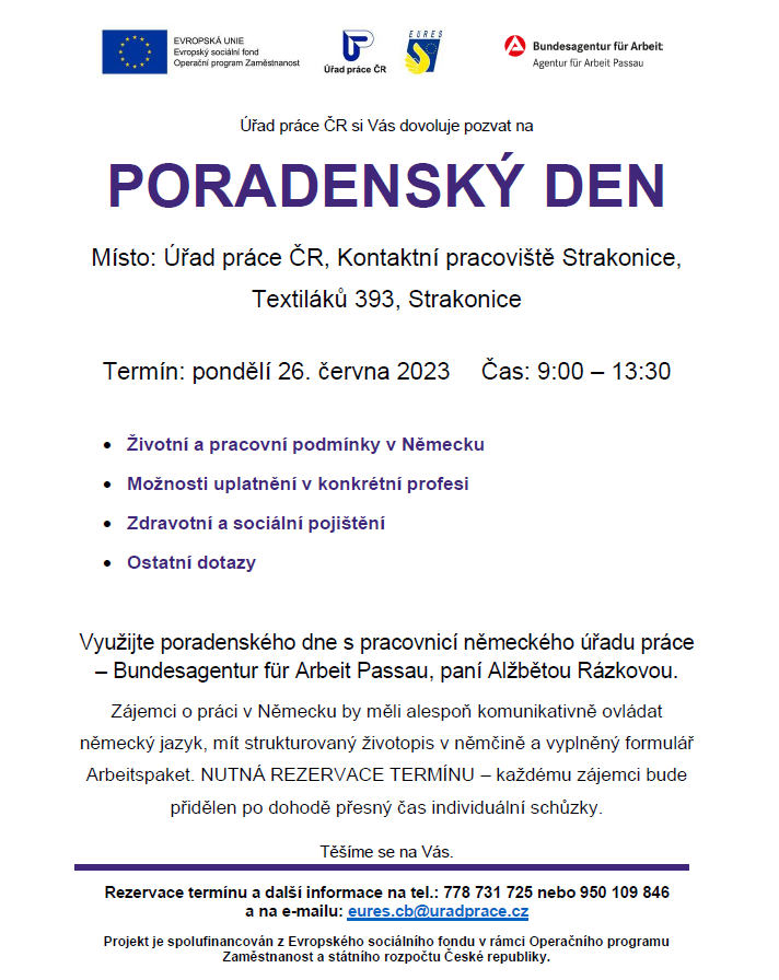 EURESCZE's tweet photo. Poradenský den s pracovnicí německého úřadu práce Bundesagentur für Arbeit Passau, paní Alžbětou Rázkovou – nutná rezervace individuálního termínu na tel. 778 731 725 nebo na eures.cb@uradprace.cz. 
Poradenský den se bude konat 26. června 2023 na adrese Textiláků 393, Strakonice. https://t.co/a4an98owDd