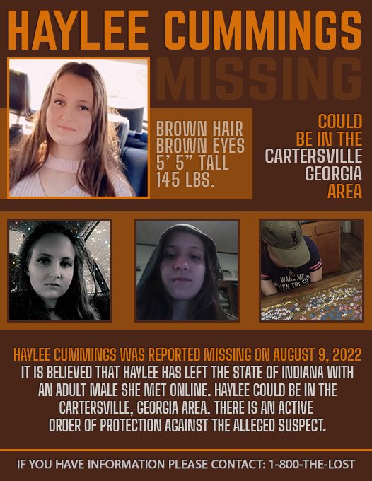 #MissingPosterMonday Have you seen #HayleeCummings #Missing from #Muncie #Indiana  since 8/9/22 could possibly be in the northwest area of #Georgia in #BartowCounty / #CobbCounty  #vanished #Fox5atl #GovenorKemp #MissingPerson #missingchild #MissingChildAlert  #GovenorHolcomb