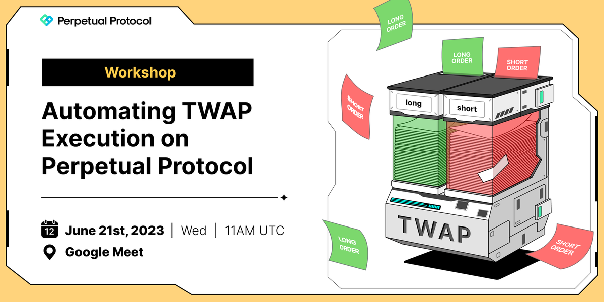 perpprotocol's tweet photo. You're invited to our live webinar!

🤖 Automating TWAP execution on Perp 🤖

Join us for an interactive workshop on how to optimize your execution price in the face of high volatility and when dealing with large positions

Reserve your spot 🎟️ https://t.co/deEYXjhY2C https://t.co/dKBGPThszK