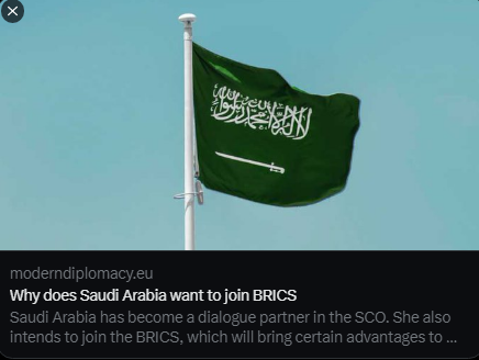 Why does Saudi Arabia want to join BRICS ?

Saudi Arabia wants to increase the share of non-oil exports to 50%. Thus, the possible accession of Riyadh to the BRICS will help increase Saudi energy exports in exchange for opening the Kingdom’s markets to Chinese imports and…