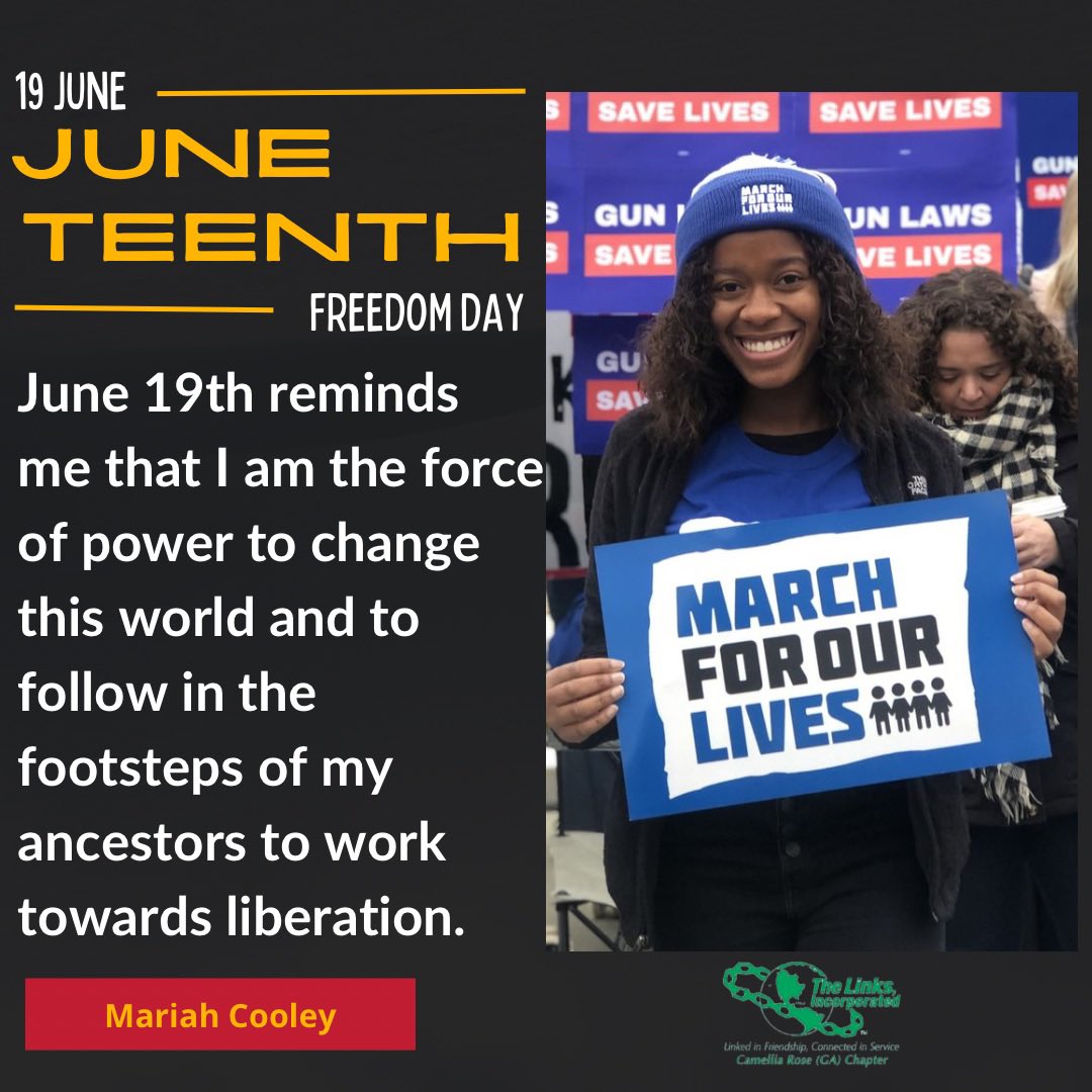 June 19th reminds me that I am the force of power to change this world and to follow in the footsteps of my ancestors to work towards liberation.
@MariahCooley

#Juneteenth #FriendshipAndService #CollectiveExcellence #LinksInc #SALinksInc #CamelliaRoseLinks