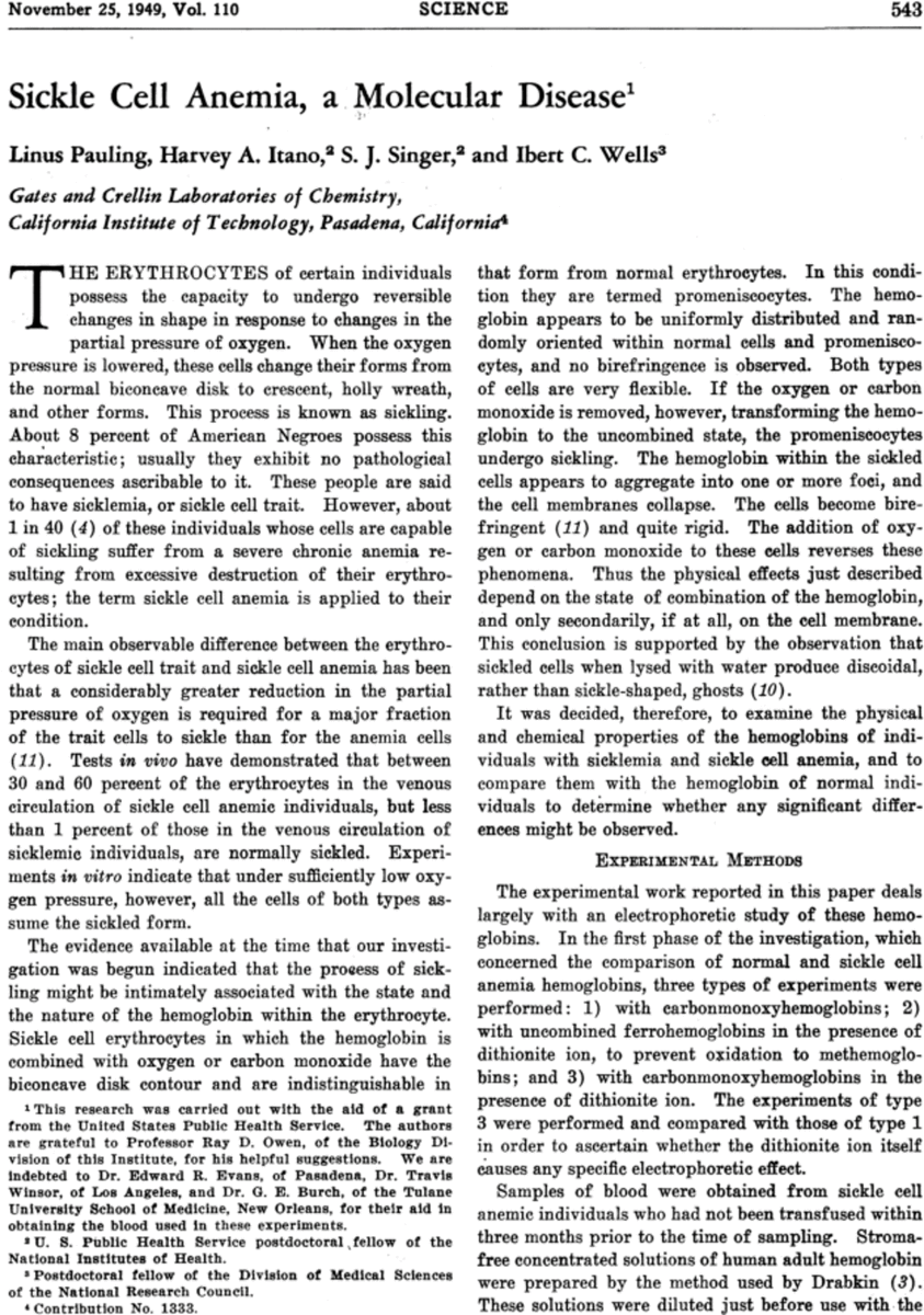Αυτή είναι η δημοσίευση το 1949, του δίπλα νομπελίστα Linus Pauling,
που περιγράφει τη μοριακή εξήγηση της δρεπανοκυτταρικής αναιμίας και ανοίγει το δρόμο για τη μοριακή μελέτη και άλλων γενετικών ασθενειών .

#WorldSickleCellDay