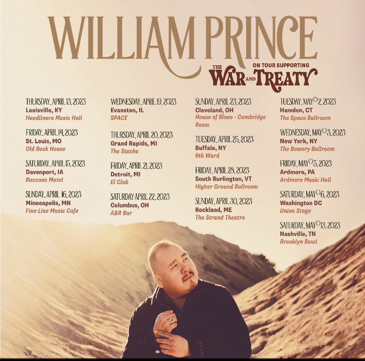 William Prince (@patson_andrew) on Twitter photo Tour with the <a href="/warandtreaty/">The War And Treaty</a> starts next week! I’ll be joining the Lover’s Game tour in Louisville at Headliners Music Hall April 13. I’ll have my new record with me, too! Tour with the <a href="/warandtreaty/">The War And Treaty</a> starts next week! I’ll be joining the Lover’s Game tour in Louisville at Headliners Music Hall April 13. I’ll have my new record with me, too!