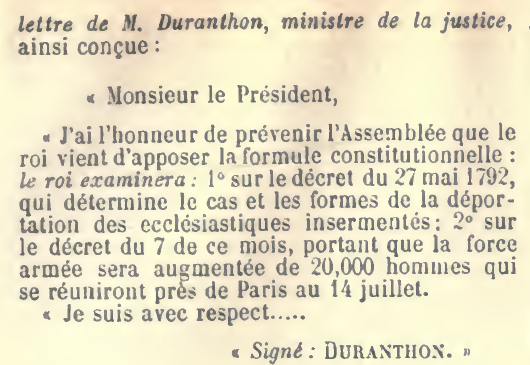 1792_1815's tweet photo. 19 juin 1792 Lecture à l’Assemblée d’une lettre de #Duranthon, ministre de la Justice, indiquant que #LouisXVI a mis son véto (formule « le roi examinera ») sur le décret concernant la déportation des prêtres insermentés et sur celui relatif au camp de fédérés sous #Paris. https://t.co/g2a5X9QK0Y