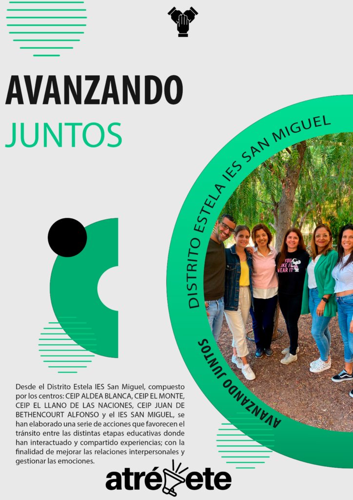 𝔸𝕍𝔸ℕℤ𝔸ℕ𝔻𝕆 𝕁𝕌ℕ𝕋𝕆𝕊
Desde el Distrito Estela IES San Miguel, se han elaborado unas acciones que favorecen el tránsito entre las distintas etapas educativas; con la finalidad de mejorar las relaciones interpersonales y gestionar las emociones.