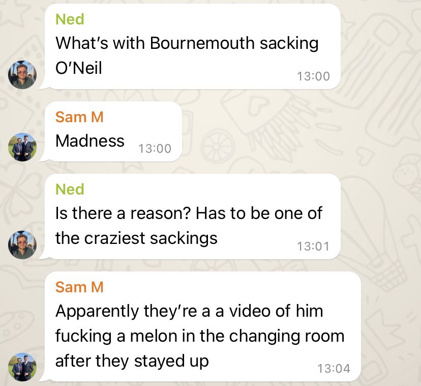 HITCSevens's tweet photo. Theories as to why Bournemouth have sacked Gary O’Neil are running pretty wild on the group WhatsApp https://t.co/AydDgZIs3d