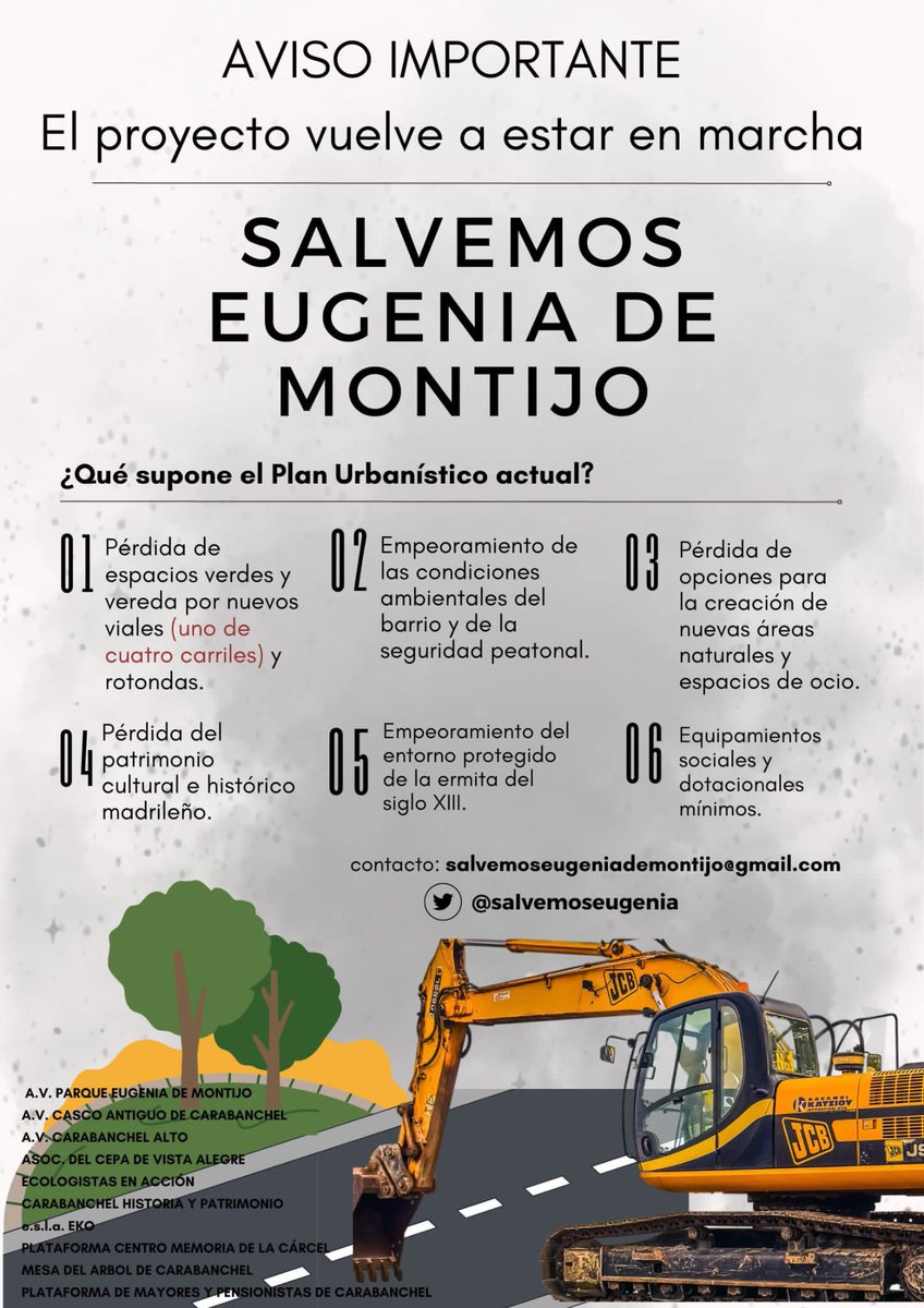 SALVEMOS EUGENIA DE MONTIJO es salvar
- parque Eugenia de Montijo 
- ermita Ntra Sra Antigua y entorno
- historia de la cárcel de Carabanchel con centro sobre su memoria
- yacimientos de la zona con centro de interpretación 
- vía pecuaria Vereda de Aluche 
Y cerrar el CIE Aluche
