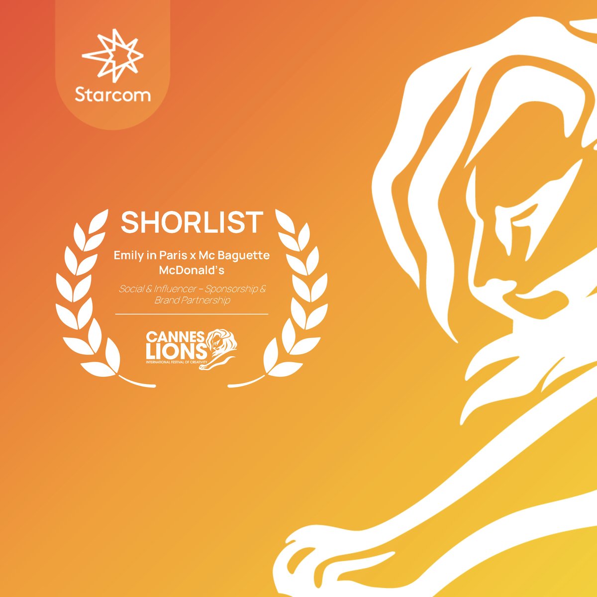 [ #Awards ]
Grande fierté pour les équipes de <a href="/Starcom_France/">Starcom France</a> et de <a href="/PublicisMedia/">Publicis Media</a> Content de voir la campagne McBaguette <a href="/McDonaldsFrance/">McDonald's France</a> X Emily in Paris <a href="/netflix/">Netflix</a>  shortlistée aux <a href="/Cannes_Lions/">LIONS | The Home of Creativity</a>  dans les catégories #PR et #Social Influencer 🤞🤞🤞
