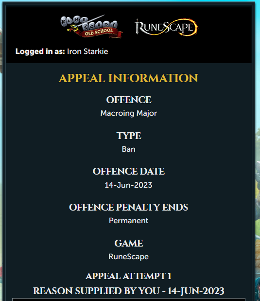 CallumStarkie's tweet photo. 5 Days later and no review of appeal. Offence apparently on a day i didnt even log in. I wish i was a big streamer like Framed so i didnt have to wait this long. How long does it take for a review? (Never botted in my life). @JagexAsh @JagexAyiza @JagexSupport @OldSchoolRS https://t.co/SMWkAVp2G6