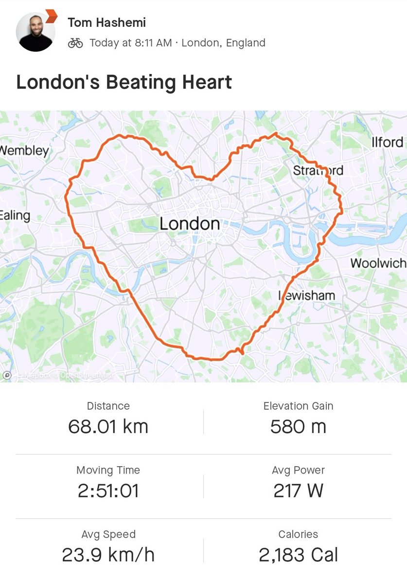 Drew a heart around London with my bike this morning to mark the start of #RefugeeWeek23 with @FreefromTorture - because we can do more.

#GPSArt