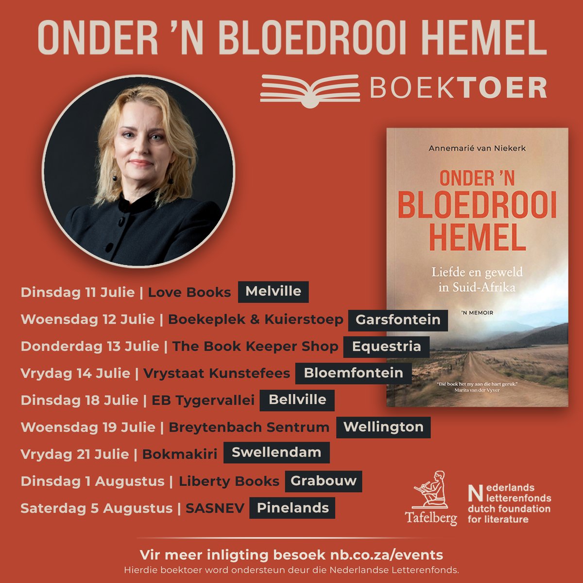 📣Ons het wonderlike nuus!

<a href="/AvNiekerk/">Annemarié van Niekerk</a> gaan tussen Julie en Augustus besoek aflê aan Suid-Afrika om Onder 'n bloedrooi hemel bekend te stel. Bespreek nou jou plek en maak seker jy mis nie uit op die geleentheid om die skrywer van hierdie aangrypende boek te ontmoet nie.

🧵1/9