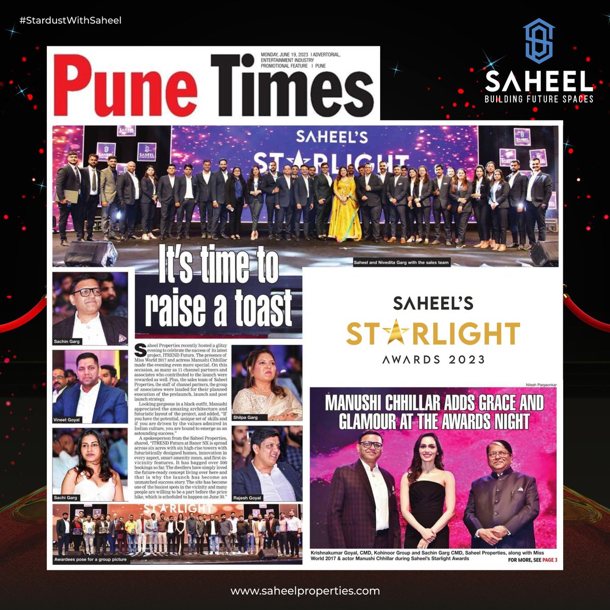 It's time to raise a toast!
Saheel's Starlight Awards 2023 featured in Pune Times today!

#SaheelsStarlightAwards2023 #SaheelProperties #PuneTimes #TimesOfIndia #Pune