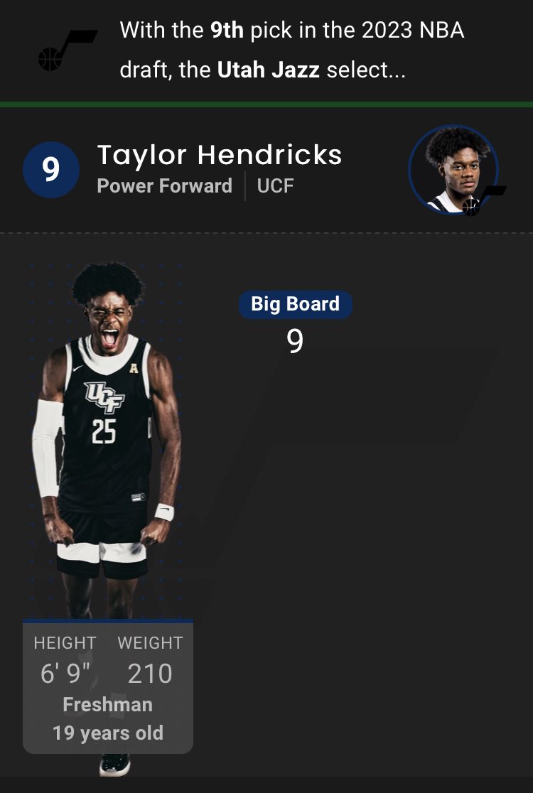OFFICIAL 2023 NBA MOCK DRAFT PREDICTION! 

With the 9th pick in the 2023 NBA Draft the Utah Jazz select, Taylor Hendricks. 

 #NBA #NBADraft #NBAMockDraft #TaylorHendricks #UtahJazz
