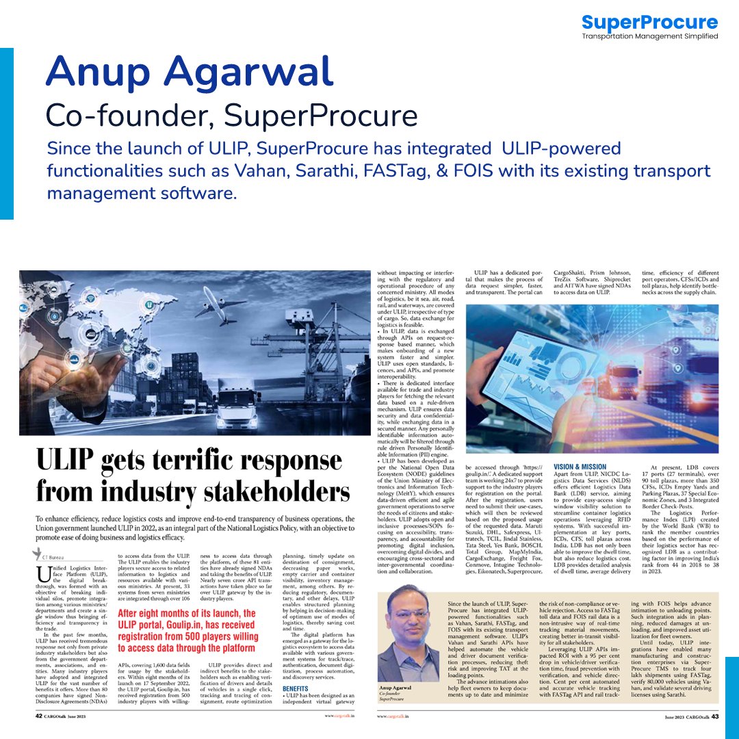Our CEO & Co-founder, Anup Agarwal,  shared his thoughts in the latest issue of @cargotalk on the pivotal role of ULIP integrations on vehicle tracking and in-transit visibility. Read the full article here cargotalk.in/ulip-gets-terr…
 #ULIP #logisticsindustry #fastag #fios #logistics