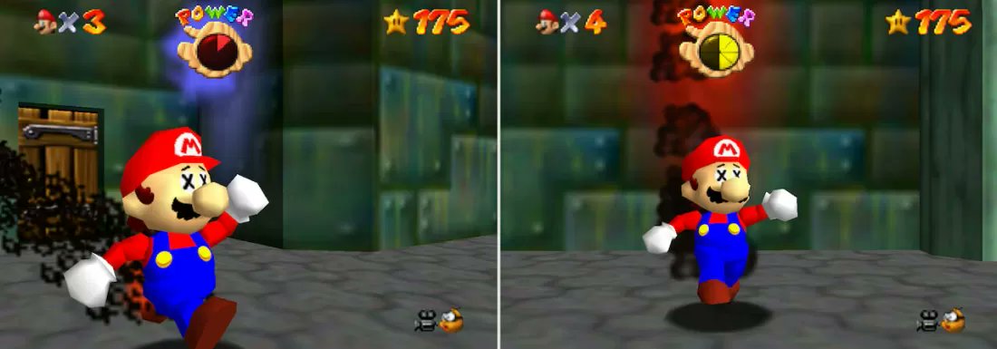 Quest64Official's tweet photo. Super Mario 64's smoke texture was supposed to be more detailed in appearance but it was encoded in the RGBA16 format rather than the intended IA16, making it look like a clump of black pixels (left). A 2020 game mod fixed this by changing a single line of code. https://t.co/0ONZgmYTf0