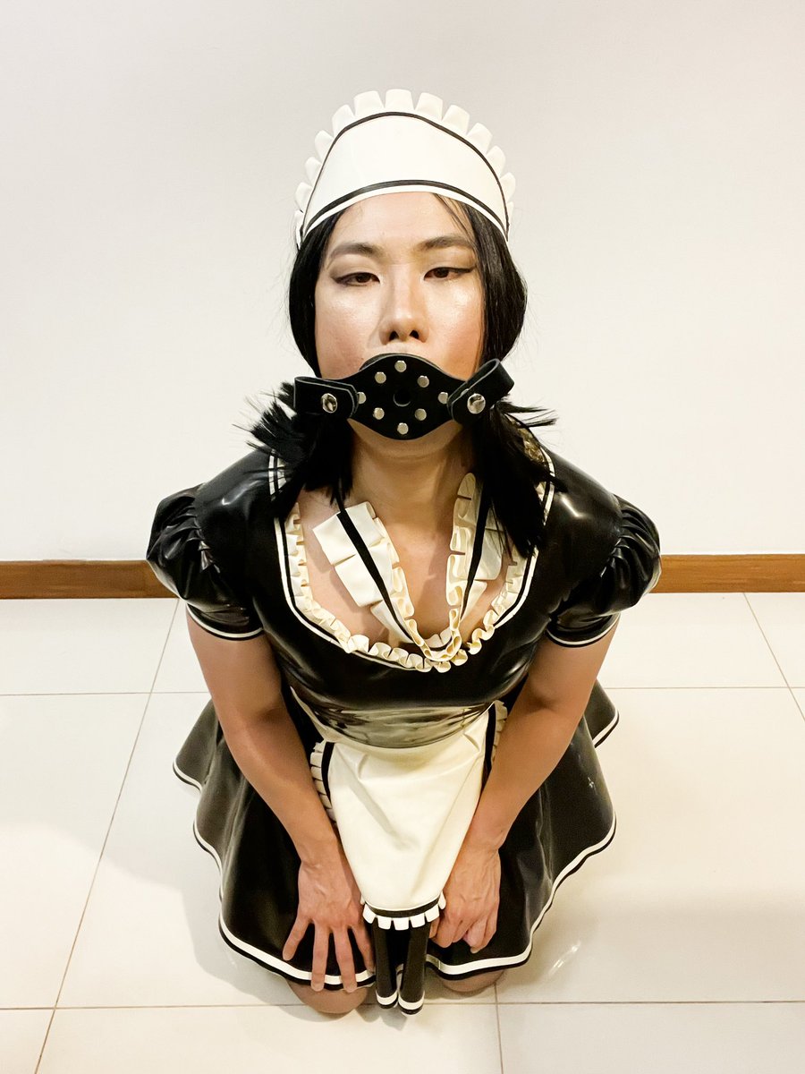 ChastityJenn's tweet photo. I told Master I wanted something in my mouth. He gagged me instead. 🥲 #latex #frenchmaid https://t.co/DFjsNFJ9L0