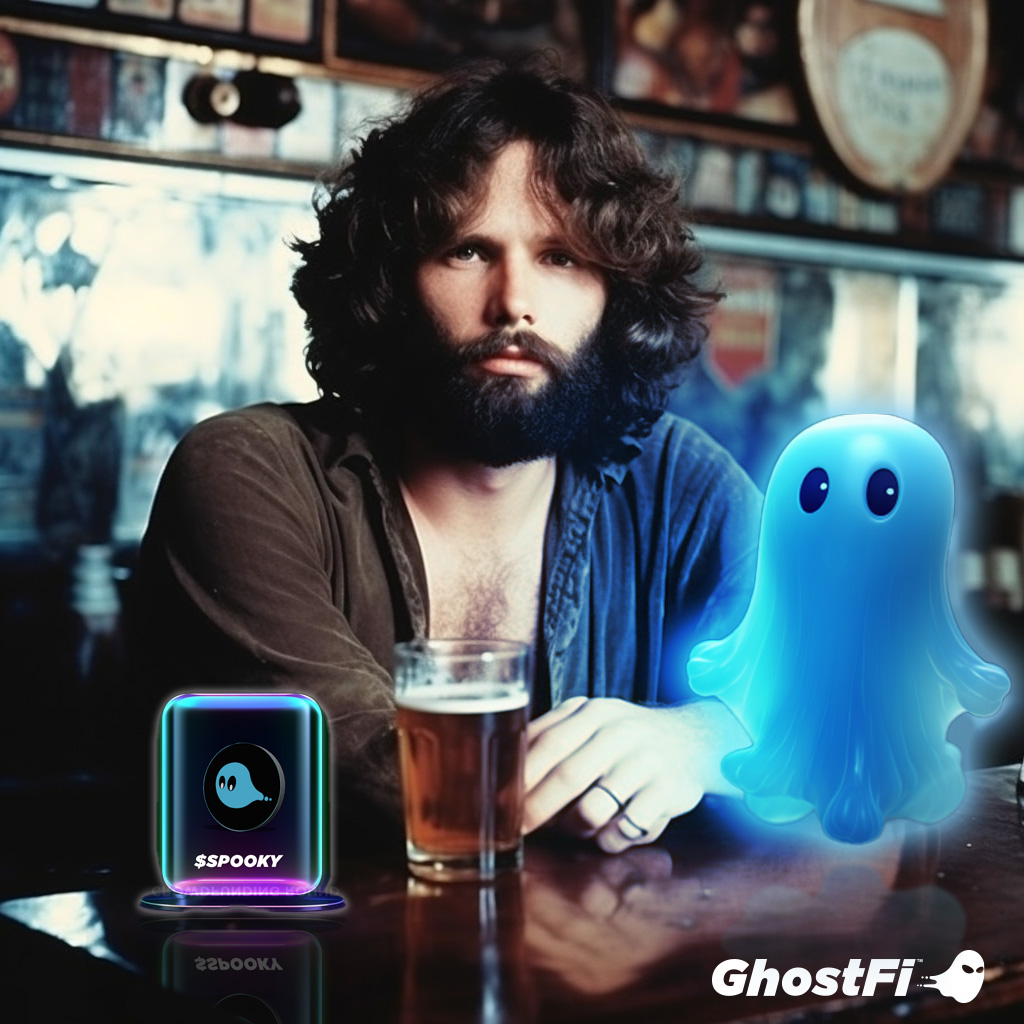 CryptoBooToken's tweet photo. Jim Morrison hanging with #CryptoBOO - The Ghost of Crypto.  Get your $SPOOKY tokens on QuickSwap. The 1st #Phygital #Memetoken #memecoins #polygon #memetoken #GhostFi #altcoins #phygital #cryptoinvesting #gem #1000xgem #100xgem #phygitaltoken https://t.co/E8pHwUZvCu