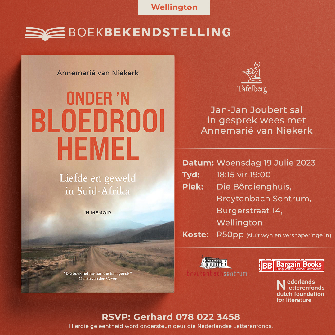 📍Die Bôrdienghuis, Wellington
🎤Jan-Jan Joubert sal in gesprek wees met Annemarié van Niekerk
📆Woensdag 19 Julie 2023
🕰️18:15 vir 19:00
✉️RSVP: Gerhard (078 022 3458)
Koste: R50pp (sluit wyn en versnaperinge in)

🧵6/9
