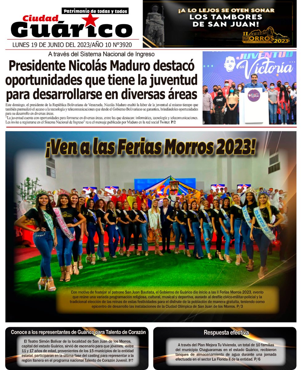 Te presentamos la Portada del Diario #CiudadGRC, titulando hoy:

¡Ven a las Ferias Morros 2023!

Visita la página web del Gobierno de Guárico y leé la edición digital.

<a href="/NicolasMaduro/">Nicolás Maduro</a>
<a href="/josemvasquez/">José Vásquez</a>
<a href="/pechecaldera/">GD Pedro J. Caldera Pérez</a>
<a href="/Goncalvez211/">José D Goncalvez</a>
@_Vpsops 

#ConMaduroPaLante

Vía || <a href="/Gob_Guarico/">Gobierno de Guárico</a>