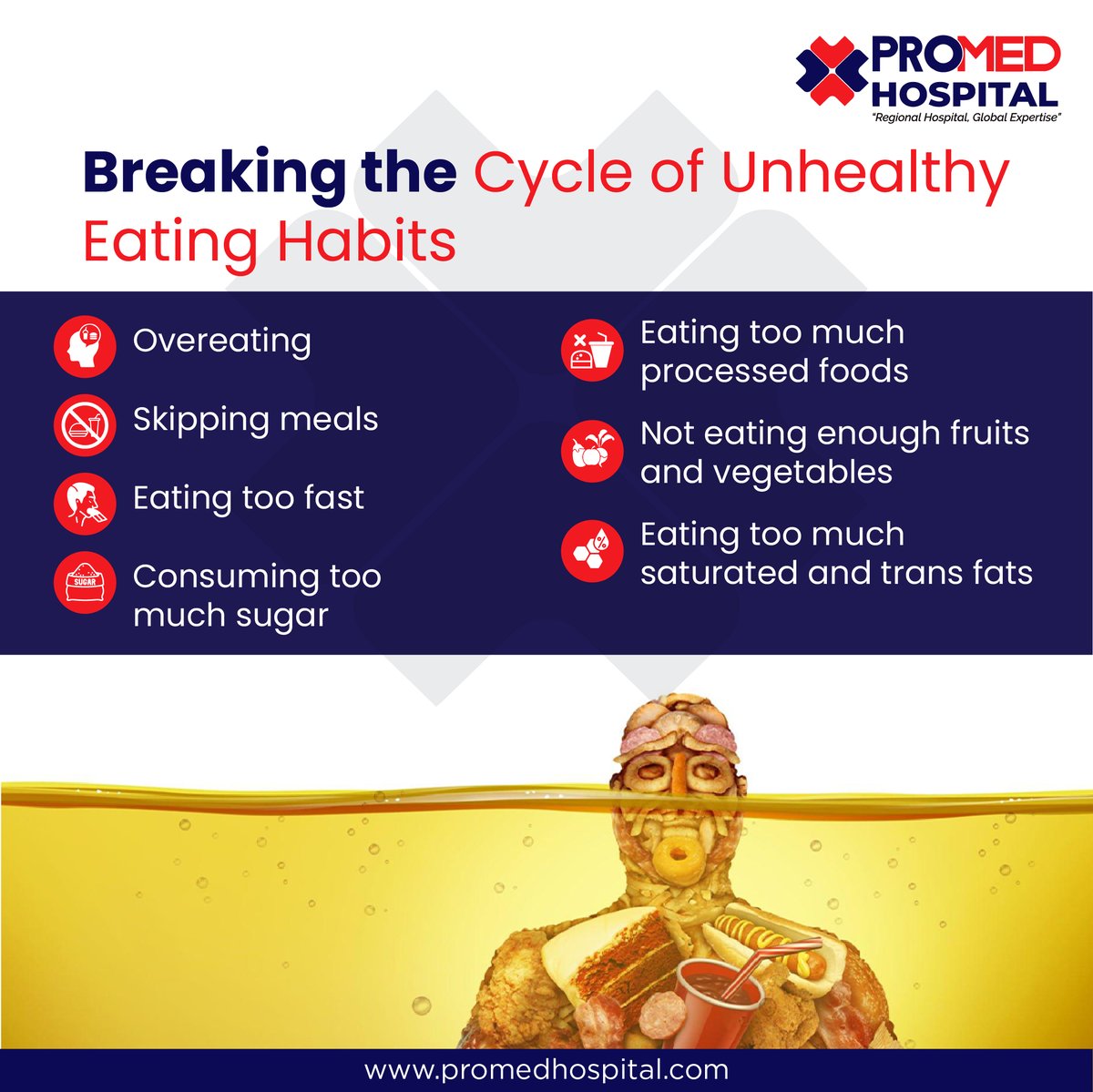 Unhealthy eating habits affect physical and mental health. Break free and achieve optimal health. Promed Hospital supports sustainable, nutritious eating habits. #HealthyEating #OptimalHealth #BreakTheCycle #PromedHospital #Nutrition #Wellness