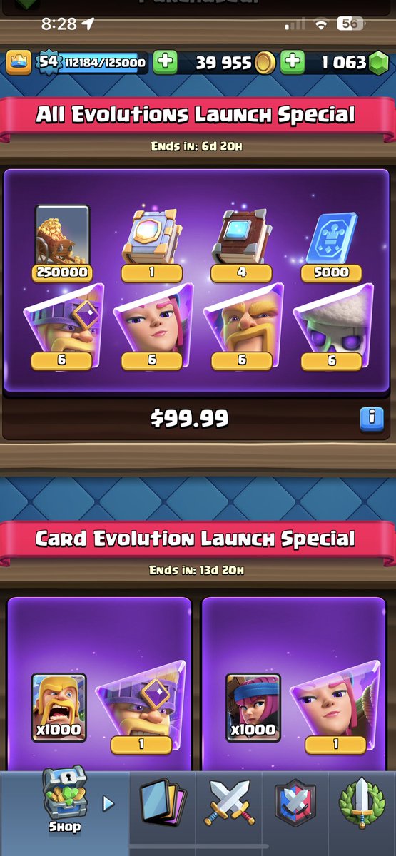 TPCo0Lz_YT's tweet photo. Wow what a surprise… you can get all evolutions for 100.00$. @ClashRoyale Do better. I give up on the game #ClashRoyale #cardevolution #level15 #clash https://t.co/U6lNdwyn7N