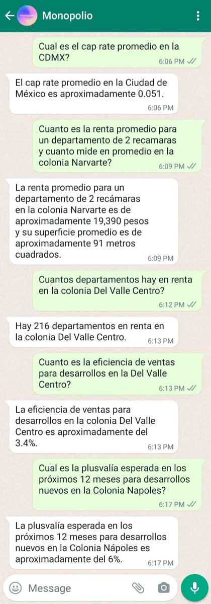 jorgecombe's tweet photo. El futuro de los bienes raíces está más cerca!!

El fin estuve pidiendo info a Monopolio por whatsapp (ver fotos) y nuestro GPT ya casi está listo para poder abrirlo gratis a todos en pocos días.

El futuro son agentes inteligentes trabajando para tí día y noche. Conociéndote, tratando de entenderte y traerte lo mejor a tu celular.

En este beta tenemos ya a 100 usuarios y esperamos expandir 10x en las siguientes semanas. Actualmente funciona para todo CDMX pero el objetivo es llevarlo a todo México. 

Transparencia de información se traduce en democratizar y empoderar a todos para que generen patrimonio.

https://t.co/Up48no3inR