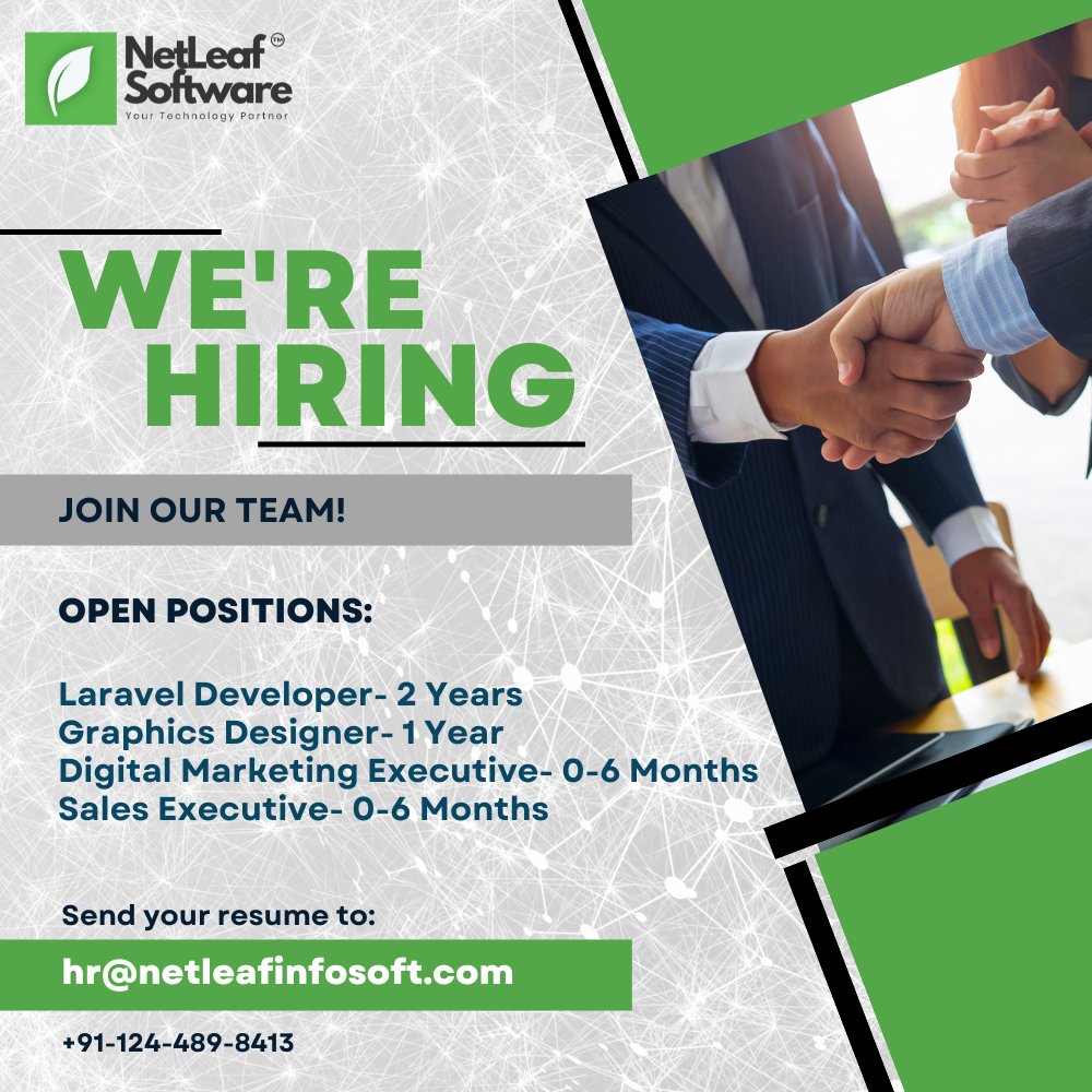 NetleafS's tweet photo. We Are Hiring! Interested Candidates Can Send Their Resume At hr@netleafinfosoft.com
#hiring #jobs #jobseekers #jobsearch #jobopportunity #jobopening https://t.co/hKL9R7Eofp