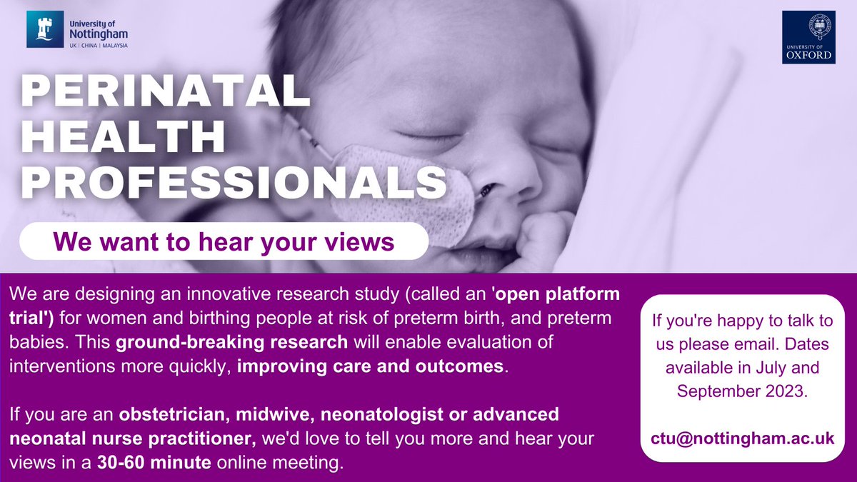 eleanor_mitch's tweet photo. Calling all ⭐️obstetricians ⭐️midwives ⭐️neonatologists ⭐️neonatal nurses

We've been funded by @NIHRresearch to develop a #perinatal Platform Trial. We'd ❤️to tell you more about it &amp; hear your views to help us get it right.

To join an online chat email ctu@nottingham.ac.uk 🙏 https://t.co/fmY6e9hYlC