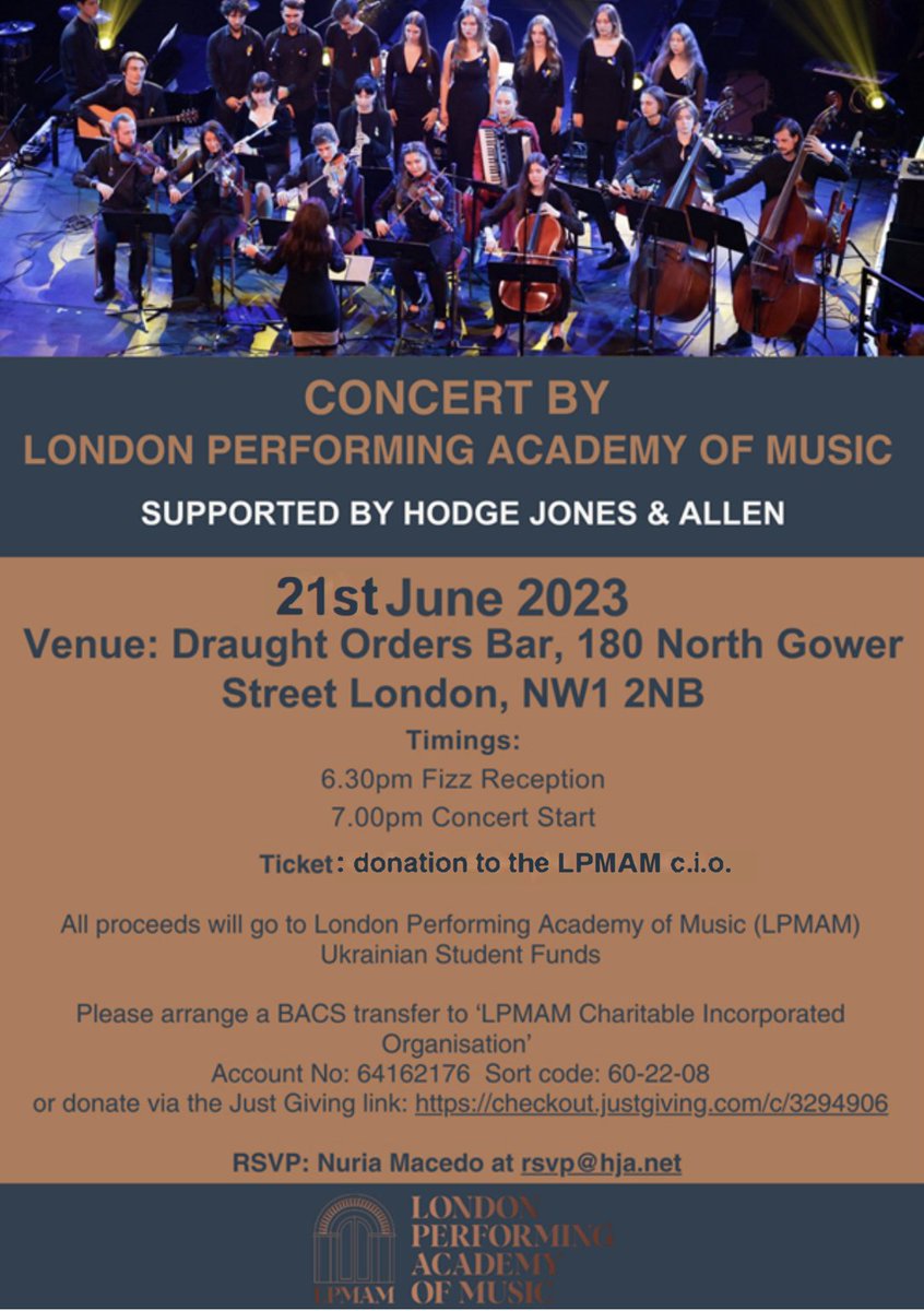 Concert <a href="/hodgejonesallen/">Hodge Jones & Allen</a> this Wednesday 21st June 2023: Join us for an evening of music in aid to our talented Ukrainian students. All proceeds will go to LPMAM Ukrainian Fund: checkout.justgiving.com/c/3294906 #Ukrainianrefugeestudents #LPMAMcharity #musicforpeace #SocialJusticeEducation
