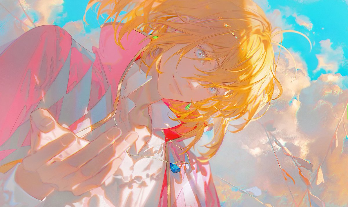 1boy male focus solo blonde hair jewelry sky blue eyes  illustration images