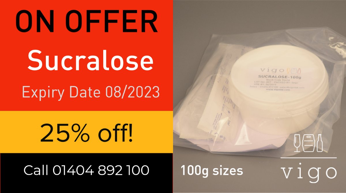 We have 4 x Sucralose 100g with an expiry date of 08/2023 on offer at 25% off the net price.  Please call us on 01404 892 100 to order 😎