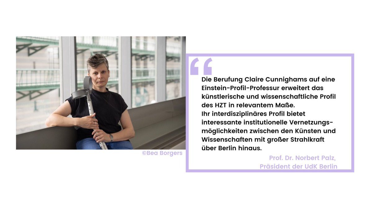 UdK_Berlin_'s tweet photo. Claire Cunningham erhält als erste Künstlerin den Ruf auf eine Einstein-Profil-Professur. Die ESB unterstützt damit Berufungen von internationalen Spitzenforscher*innen. @ClaireCprojects @Einstein_Berlin @HfSErnstBusch #HZTBerlin  Mehr Infos: https://t.co/dGos6H9j9c https://t.co/TNEeyqxBa2