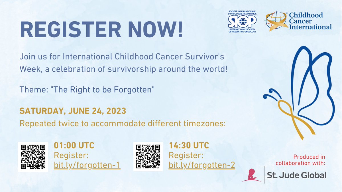 📢 @IntChildCancer is hosting their webinar 'The Right to be Forgotten” on June 24th in celebration of #SurvivorsWeek.🎗️

Webinar 1: ➡️ bit.ly/466eTas
Webinar 2: ➡️ bit.ly/463IfGa

#CCI #ChildhoodCancerSurvivorWeek #LifeAfterChildhoodCancer