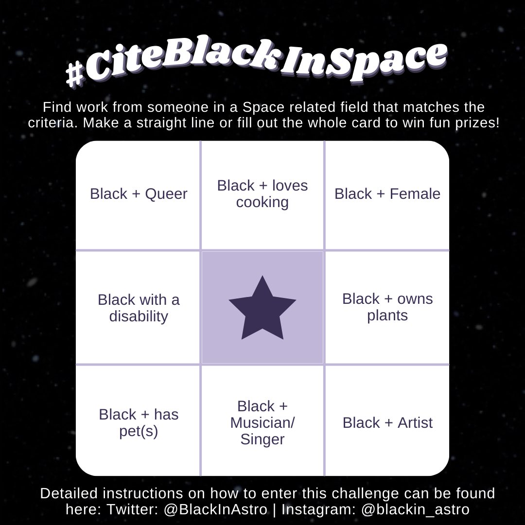 The only Monday we’re happy about is the Monday of #BlackSpaceWeek and Juneteenth! 

Today is all about amplifying the amazing work we do everyday and how we show up as ourselves in Space fields. It’s time for the #CiteBlackInSpace Bingo challenge! More info in this thread 🧵