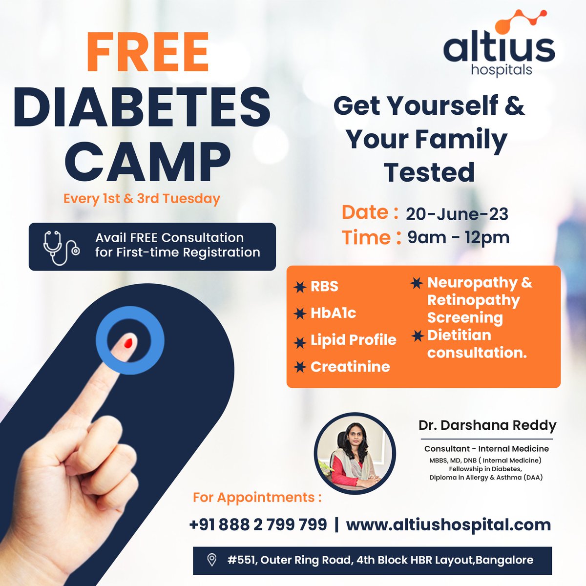 📣 Join us at Altius Hospitals for a FREE Diabetes Camp on June 20th, '23, from 9 am to 12 pm! 🩺

Book Your Appointment Now : altiushospital.com/doctors/dr-dar…
Call : 888 2 799 799

#AltiusHospitals #DiabetesCamp #HealthierTogether #DiabetesAwareness