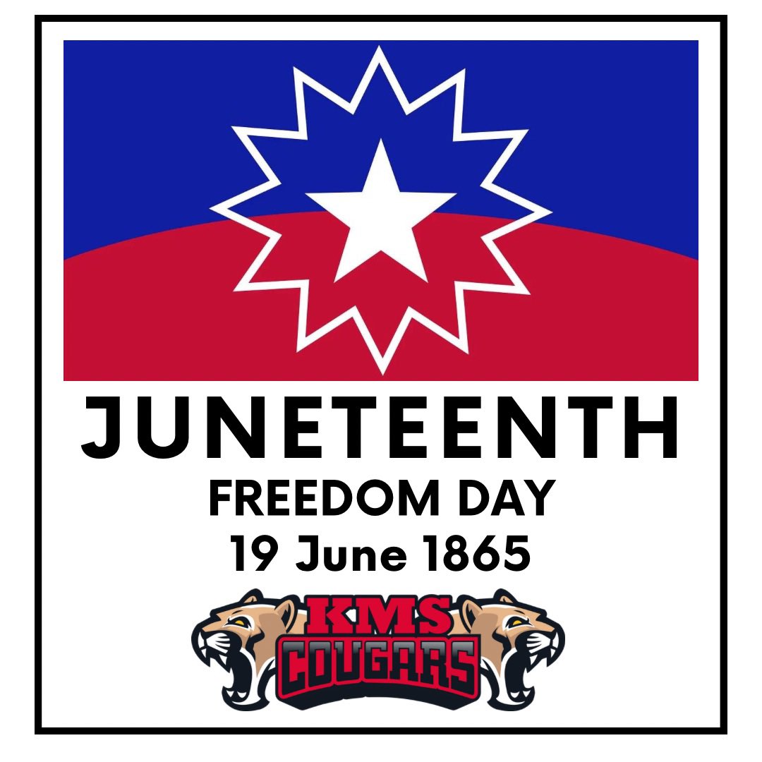 At KMS, we embrace diversity & inclusivity. Today is #Juneteenth, a time we celebrate the emancipation of enslaved African Americans & honor the resilience & heritage of the Black community. Let's come together to reflect & strive for a more inclusive future. #KMSCougarPride🐾