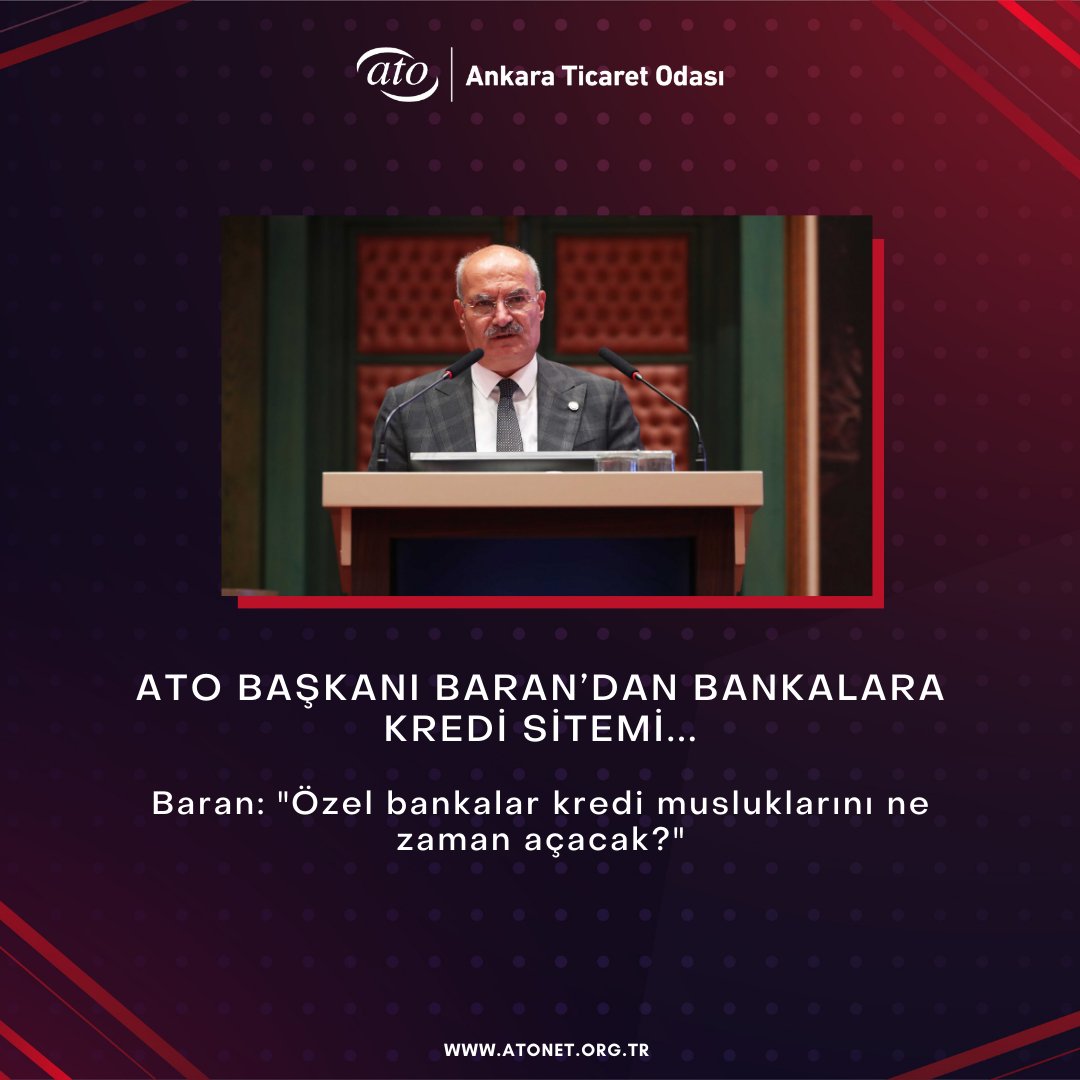 ATO BAŞKANI BARAN’DAN BANKALARA KREDİ SİTEMİ… @GurselBaran: 'Kaynak ihtiyacı için bankalara başvuran üyelerimiz olumlu sonuç alamıyor. Özel Bankalar, Merkez Bankası'nın faiz artıracağı öngörüsüyle kredi musluklarını kapatarak bekleme sürecine geçti. Reel sektörün kaybedecek…