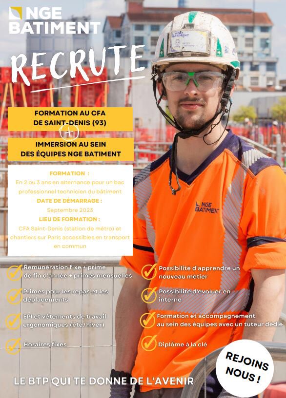 NgeBatiment's tweet photo. [BREAKING NEWS 🚨] 
@NgeBatiment s’engage plus que jamais pour sensibiliser et encourager les #jeunes à se former aux métiers du bâtiment ! 
Nous sommes fiers d’annoncer le lancement d’une nouvelle formation en #alternance dès septembre 2023 🎓 #emploi #insertion #formation https://t.co/jLXd6ZYuq5