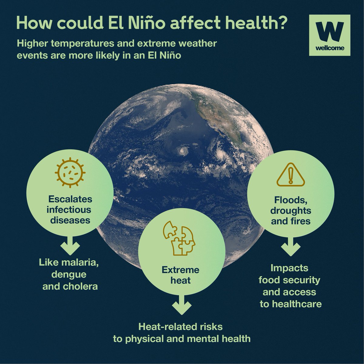 wellcometrust's tweet photo. El Niño conditions are returning. 

This could raise global temperatures and make extreme weather events like droughts and floods more likely. https://t.co/BaGE5ZFNsQ