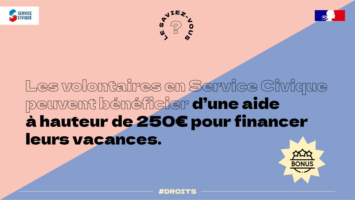 Le saviez-vous ?🧐

🌴Avec Départ 18-25 de l’<a href="/ANCVacances/">ANCV</a>, tous les volontaires en Service Civique âgés entre 18 et 25 ans peuvent bénéficier d’un soutien financier allant jusqu’à 250€ dans l’organisation de leur projet de vacances.

En savoir plus 👉 service-civique.gouv.fr/etre-volontair…