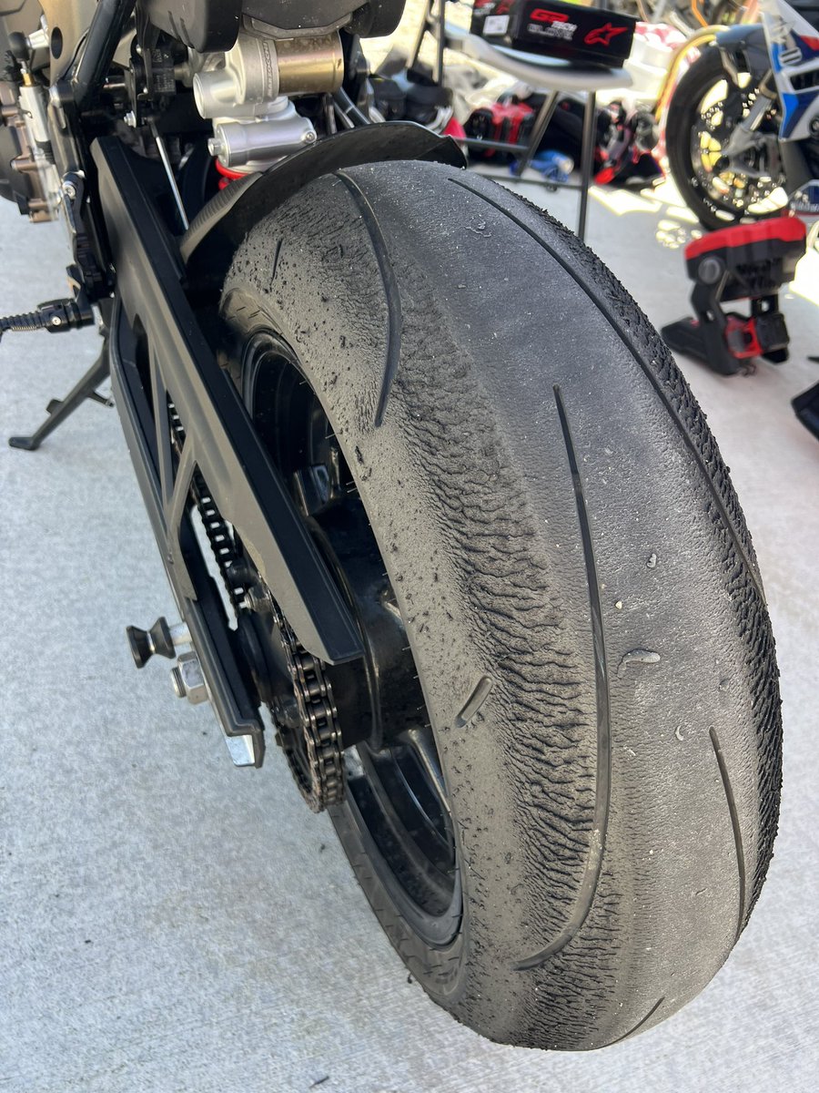 AddrenalineTV's tweet photo. Pic of me chasing my buddy. Body positioning needs work, but still had a good time at the track! Side note… these Dunlop Q5s just could not hold on not matter the psi. Front delaminated, and rear was just tearing. https://t.co/TOd9Eci0t4