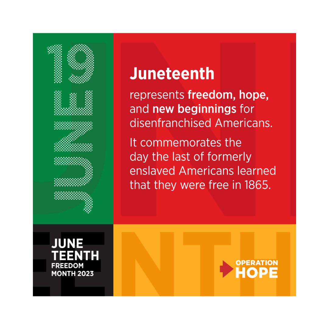 oh_hopeinside's tweet photo. #OperationHOPE celebrates #Juneteenth!

Join us in commemorating the historic day of freedom and empowerment for Black Americans. Stand with us in celebrating the enduring legacy of hope and freedom. Together, we can create a brighter, more equitable future for all. https://t.co/jqDAcmGlik