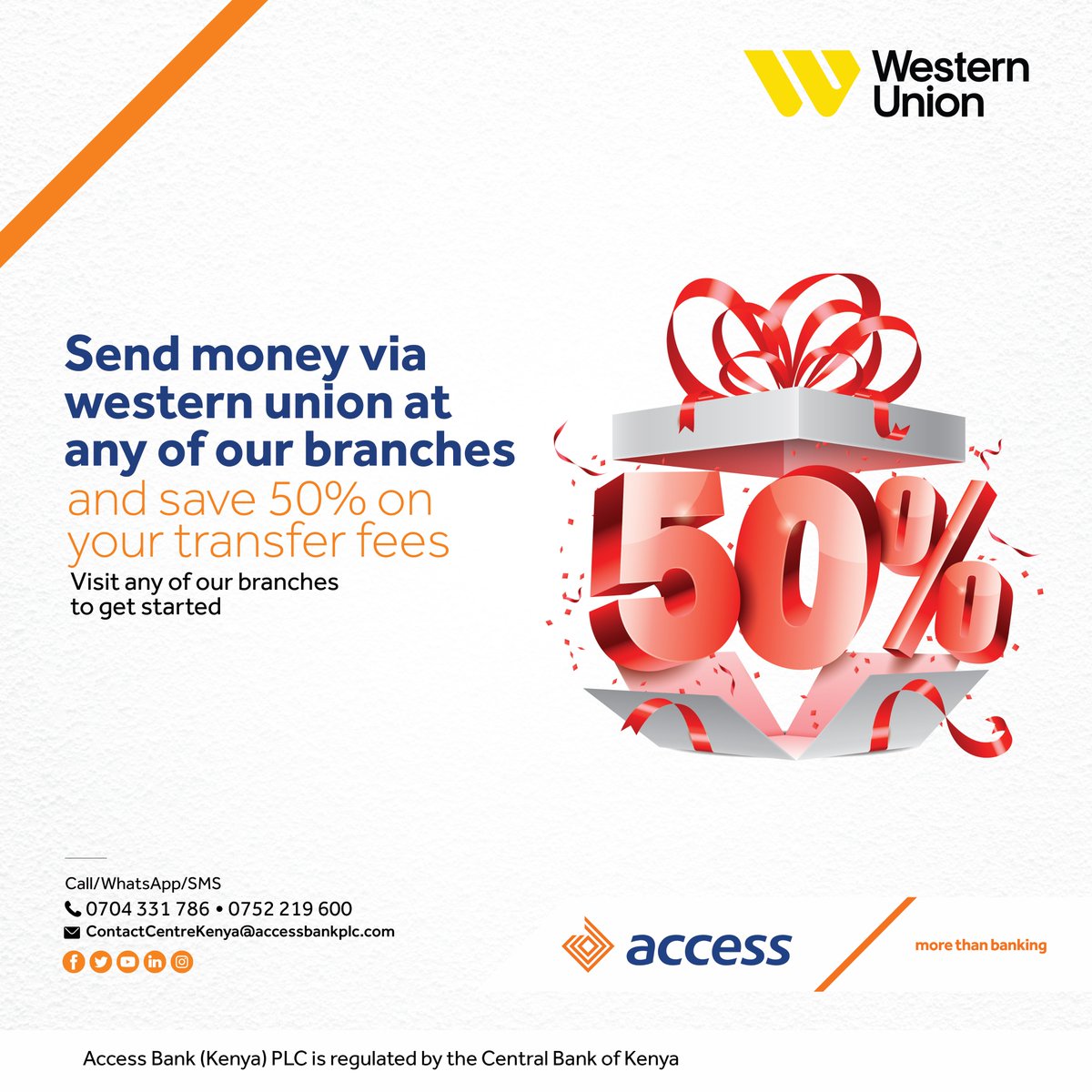 Great offer on Western Union transfers! Get 50% OFF on your transfer fees when you send money via western union to any of our branches countrywide.

Take advantage of this offer! 

Visit a branch today.

#MoreThanBanking #AccessMore
