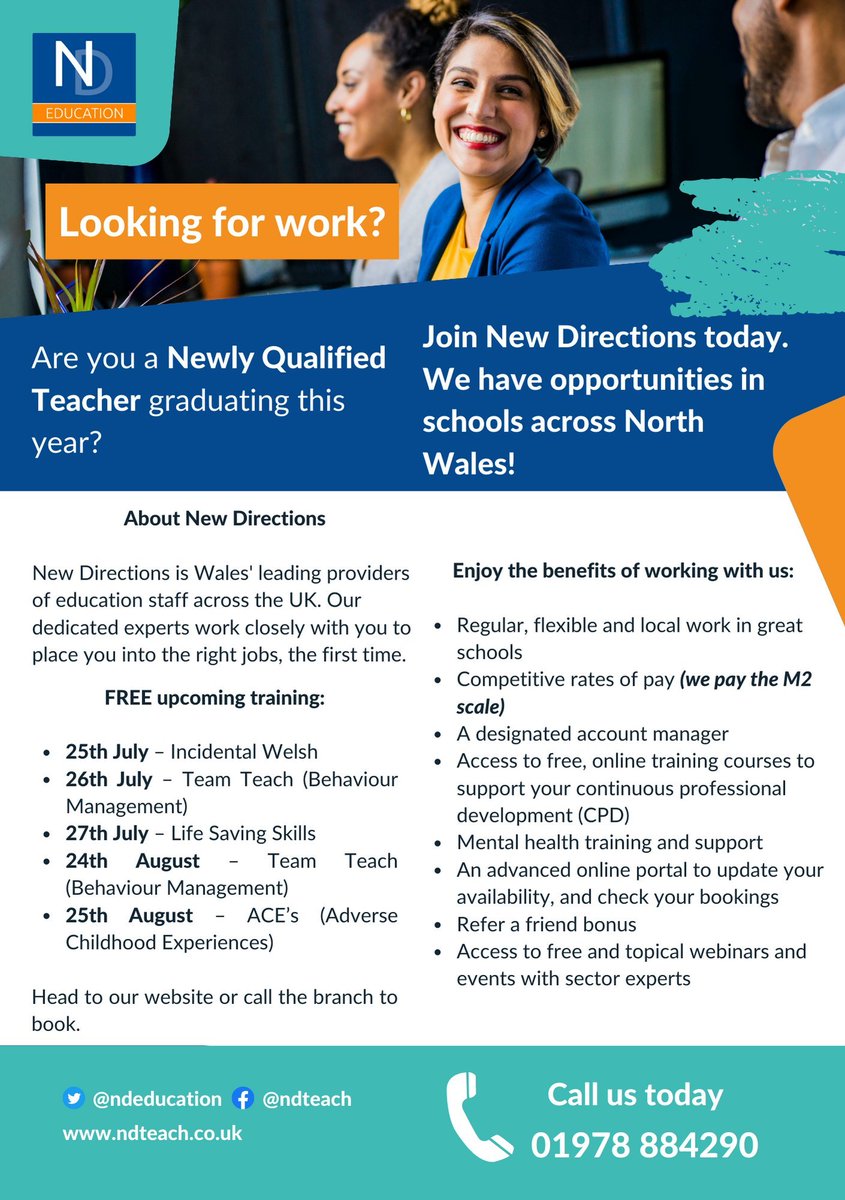 Are you an NQT graduating this Summer?
New Directions have some great opportunities to get you started for your new career this September. 😊
Please get in touch with us today on 01978 884290. 
#wrexham #flintshire #powys #conwy #denbighshire