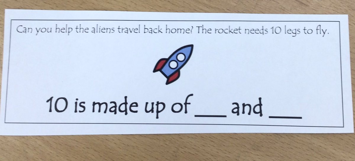 MabsCrossRecJ's tweet photo. Today in maths we have been investigating ways to make 10. We have read the story ‘How may legs?’ and then helped the aliens travel home making sure the rocket had 10 legs each time. https://t.co/MYwY9HsnA6