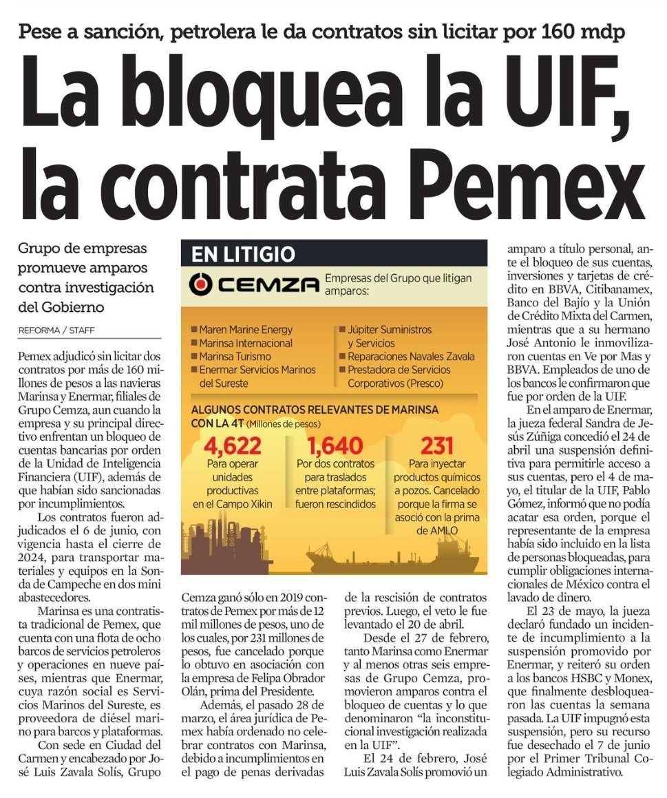 Empieza el año de Hidalgo.. o lo que es lo mismo:

'PND√0 el que deje algo..'

👇

Pemex adjudicó sin licitar dos contratos por más de 160 millones de pesos a las navieras Marinsa y Enermar, filiales de Grupo Cemza, aun cuando la empresa y su principal directivo enfrentan un…