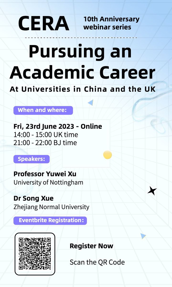 CERA-UK (@cerauk) on Twitter photo Welcome to join our webinar on 23 June. Our speakers <a href="/Dr_YuweiXu/">Dr Yuwei Xu 徐玉炜</a> <a href="/SongXue0423/">Song Xue 薛松</a> will share their experience on pursuing an academic career in the UK and China. Please see registration information below. Welcome to join our webinar on 23 June. Our speakers <a href="/Dr_YuweiXu/">Dr Yuwei Xu 徐玉炜</a> <a href="/SongXue0423/">Song Xue 薛松</a> will share their experience on pursuing an academic career in the UK and China. Please see registration information below.