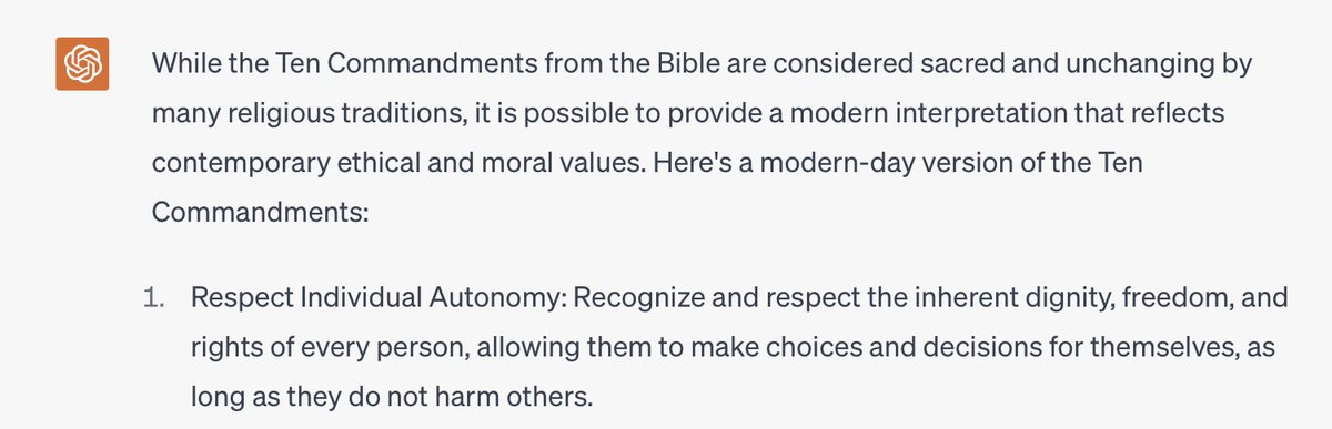 AndrewTWalker's tweet photo. I taught on the Ten Commandments yesterday in my community group. My co-teacher asked ChatGPT for a modern day Ten Commandments. The First Commandment it generated? "Respect Individual Autonomy." That couldn't be more accurate for how our world conceives of morality—it begins with deifying the Self, which is the exact opposite of what the First Commandment teaches.