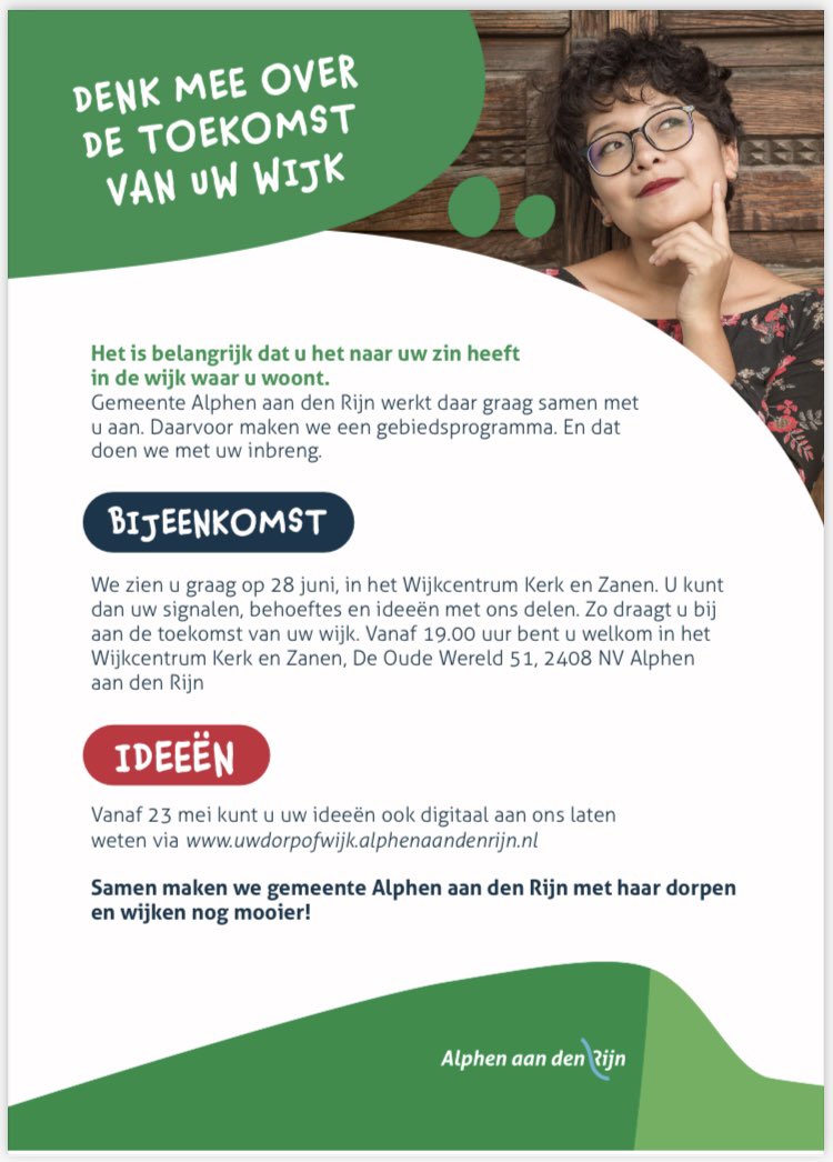 AlphenWestAadR's tweet photo. Inwonersavond op 28 juni in wijkcentrum Kerk en Zanen voor alle inwoners van de wijk incl. het Rietveld(sepad).

Ideeën kunnen geüpload worden via https://t.co/psQl2HLGN3 of kom langs bij ons inloopspreekuur op 27 juni tussen 13.00-14.30 in wijkcentrum Kerk en Zanen. https://t.co/qw3u4PDgdK