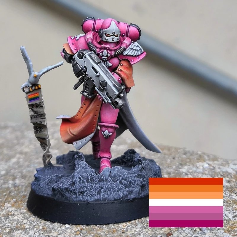 I’ve painted a #lesbianpride Sister of Battle for the #FabulousMarines fundraiser ! You even get a chance to win her by entering a raffle whose proceeds go directly to the Trevor Project. Details on how to do that in the next tweet! #warhammercommunity